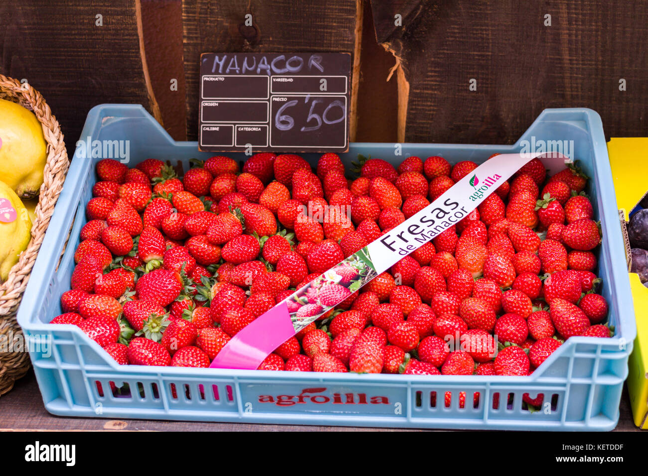 Box of Spanish strawberries for sale. Palma, Mallorca, Spain Stock