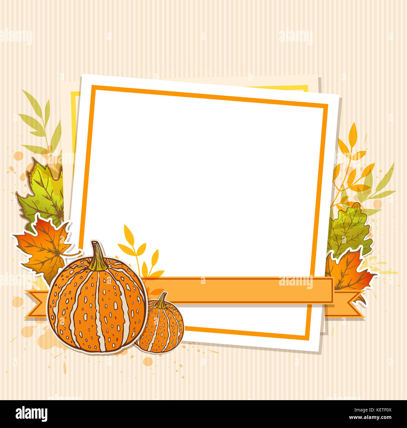 Autumn background with pumpkins, maple leaves and blank sheet of paper ...