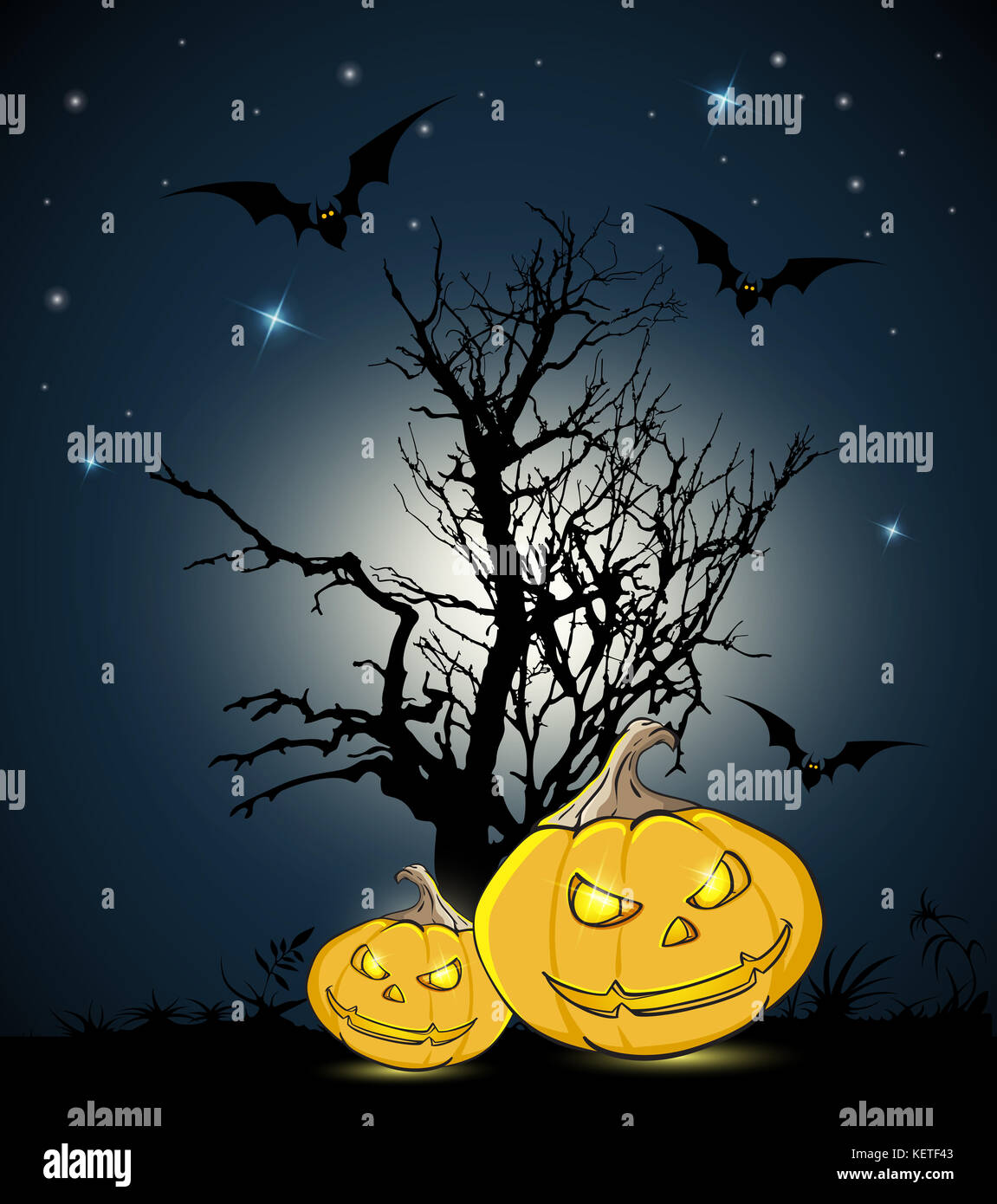 Orange pumpkins and silhouette of tree on a black background. Halloween ...