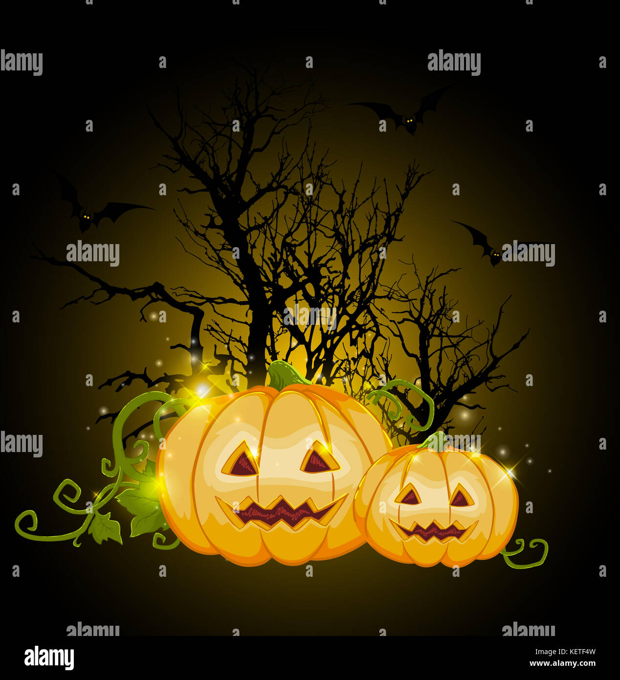 Orange Halloween pumpkins and silhouette of tree on a black background ...