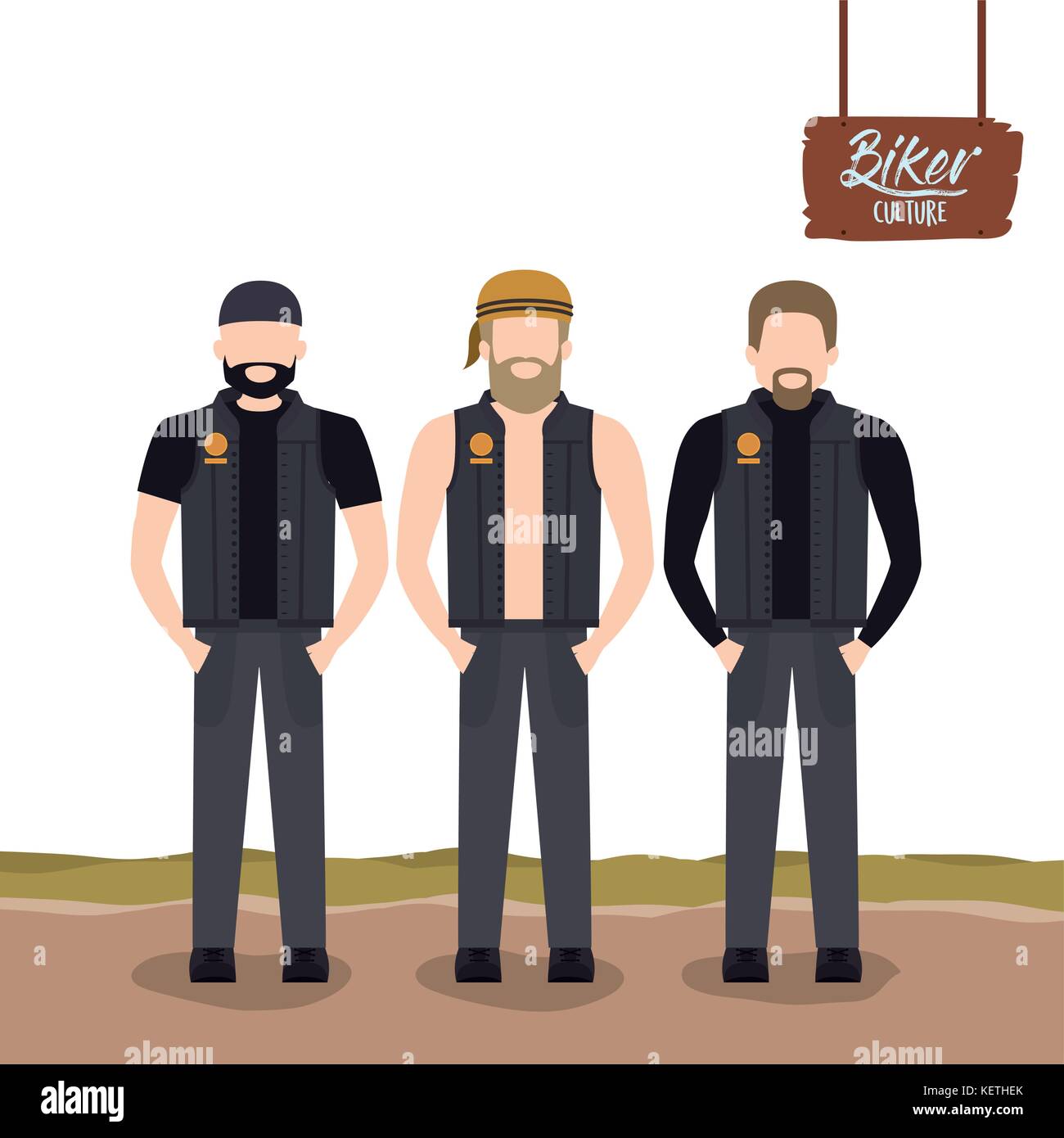 biker culture poster with standing men motorcyclists with beards and leather jackets Stock Vector
