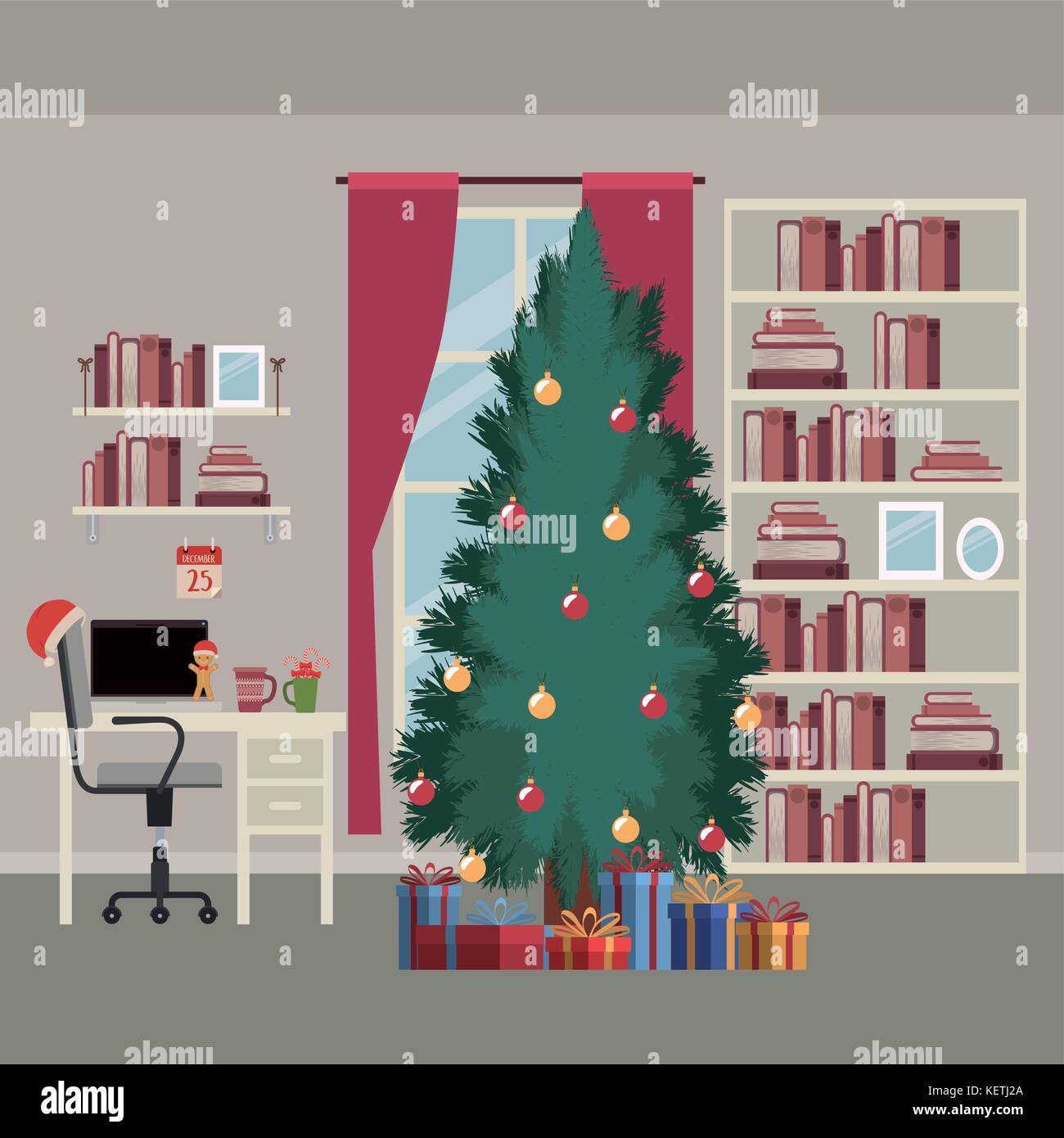Christmas Home Scene With Window Background And Bookshelf Of Books