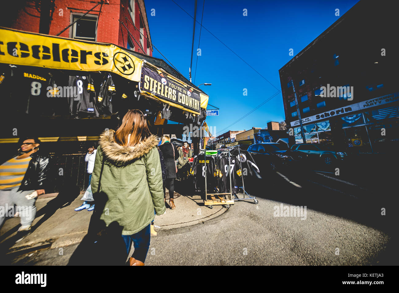 Sundays in the Strip District buying Steelers Garb Stock Photo