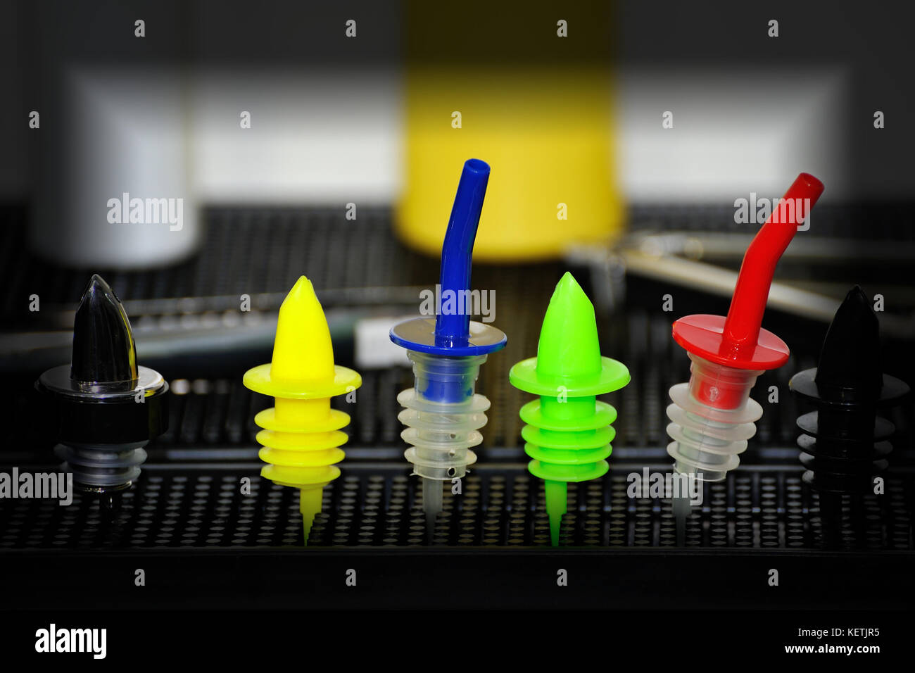 Decorative kitchen items . dispenser . geyser . bar bottle caps Stock