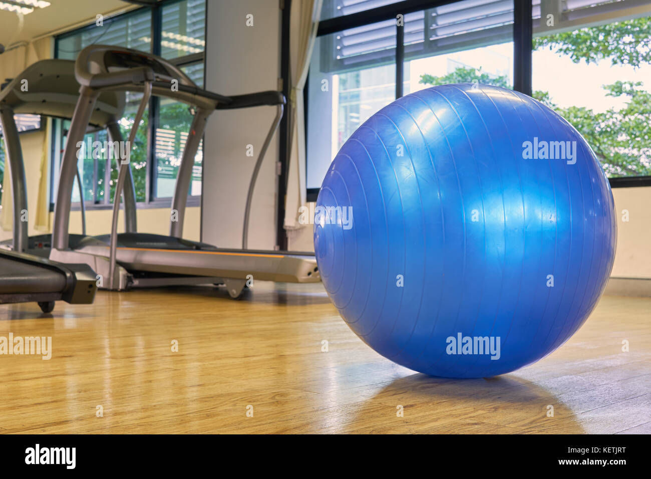 The blue exercise ball placed in the center of the fitness room on the