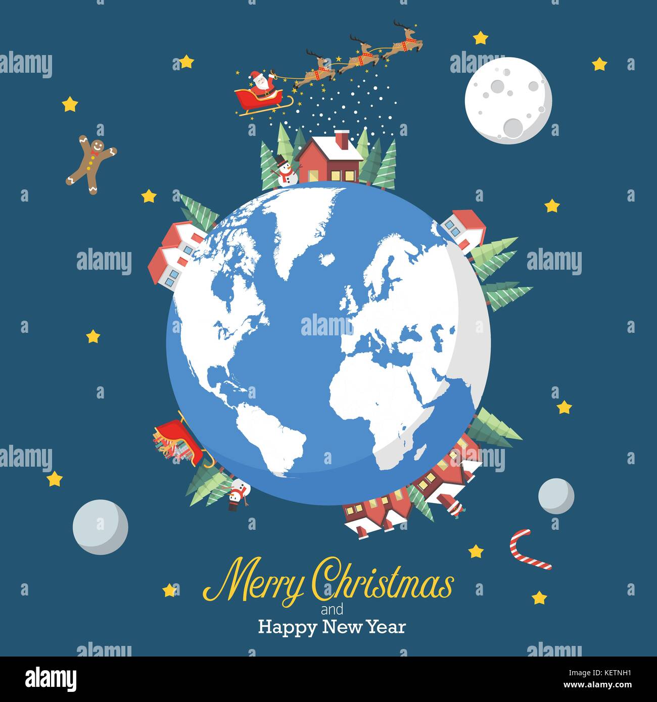 Merry Christmas and Happy New Year with earth globe. Greeting card vector illustration Stock Vector