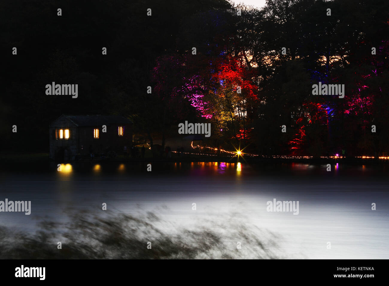 The Lake of Lights at Talkin Tarn lake near Brampton in Cumbria, where hundreds of lights in the surrounding woodland represent a cherished memory of a relative friend or loved one no longer with us. Stock Photo