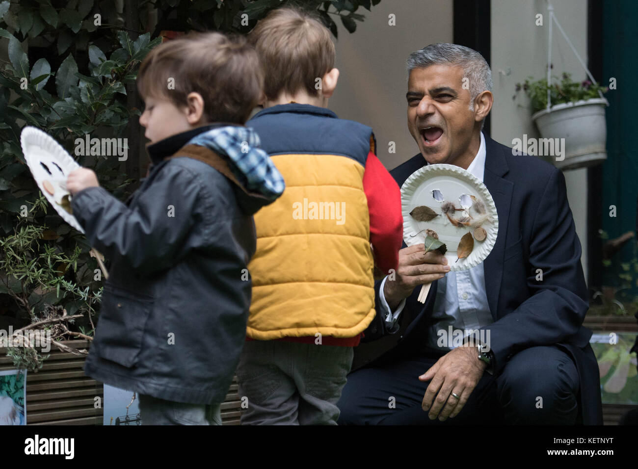 Mayor of London Sadiq Khan launches the £10-a-day Toxicity Charge (T-Charge) in central London, by joining children planting a garden at UCL Day Nursery, in Bloomsbury, London. Stock Photo