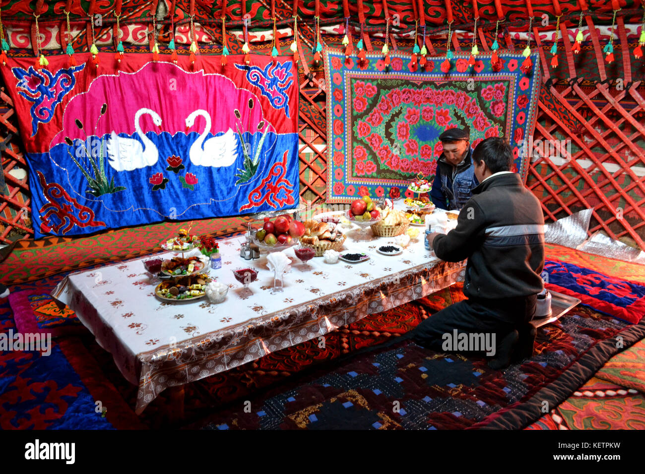 Pictures of the inside of a Yurt. Picture is very vibrant and colourful Stock Photo