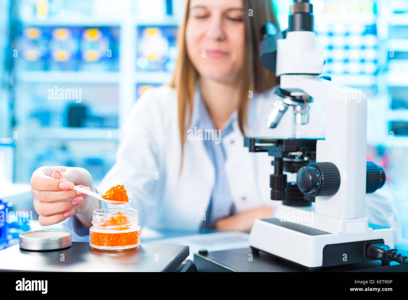 Fish caviar research in laboratory. Food Processing and Quality Control