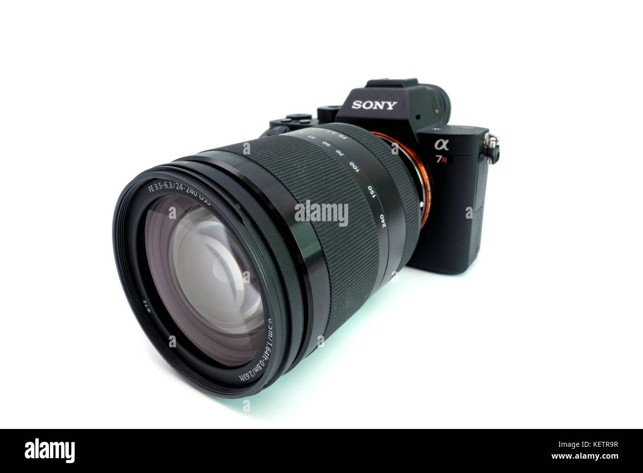 BERLIN, GERMANY - June 06, 2016: Sony a7R II Alpha Mirrorless Fast-focusing and 4K-shooting Digital Camera with Sony 24-240 mm lens Stock Photo
