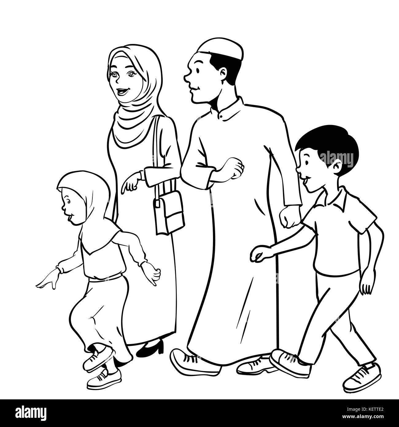 Illustration of Muslim family Waliking, for Happy Muslim family, isolated on white background. Black and White simple line Vector Illustration for Col Stock Vector