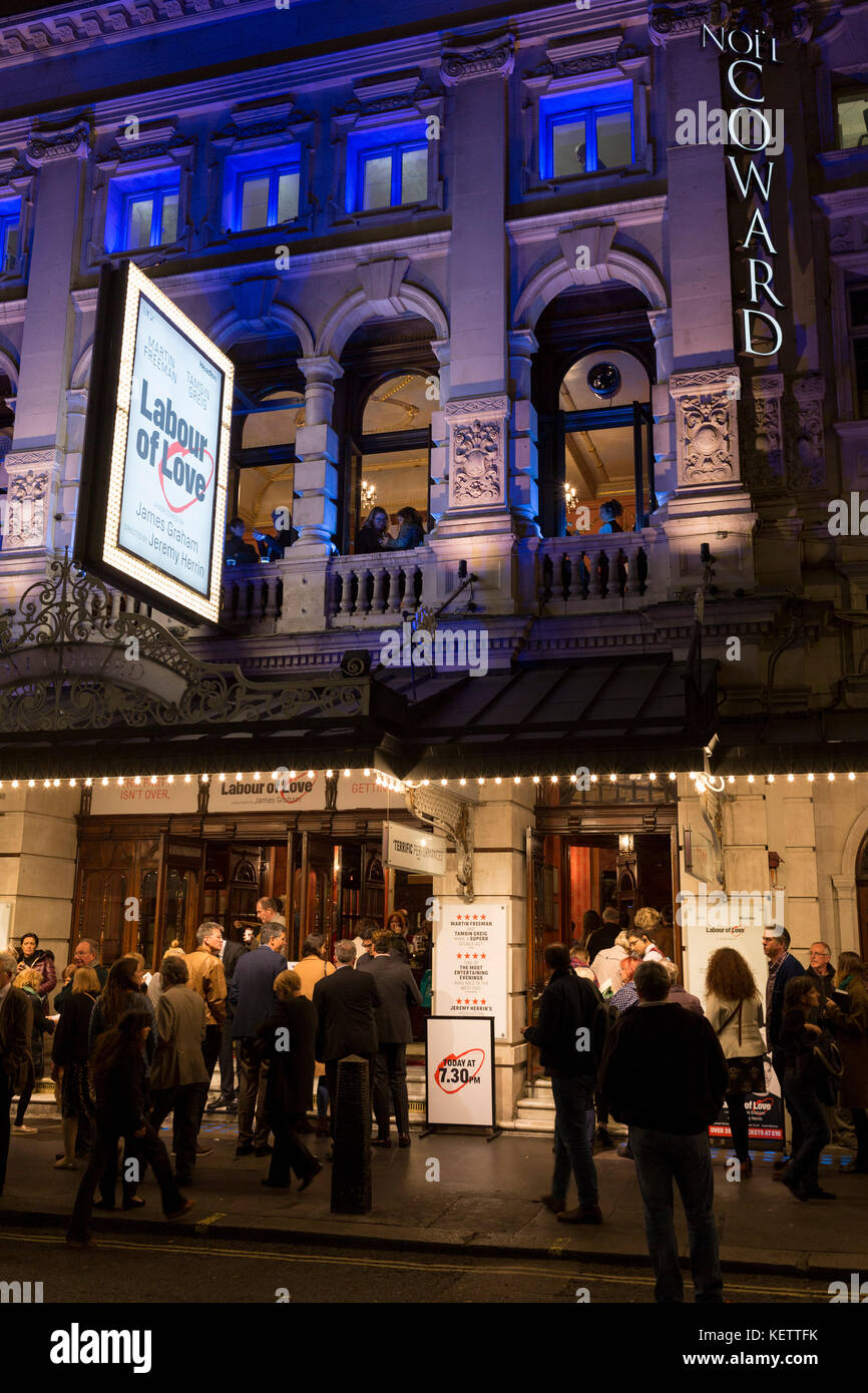 Theatre-goers outside the Noel Coward Theatre in St. Martin's Lane queue to see Labour of Love, a political comedy by James Graham and starring Martin Freeman and Tamsin Greig, on 16th October 2017, in London, England. Stock Photo