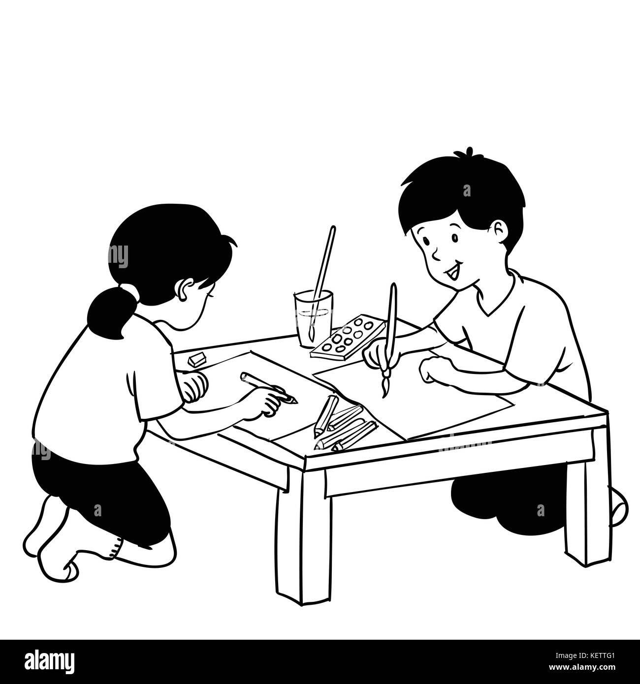 Illustration of Kids painting on art class, hand drawn vector illustration. Back to school - two children, a boy and a girls are happy creating art, p Stock Vector