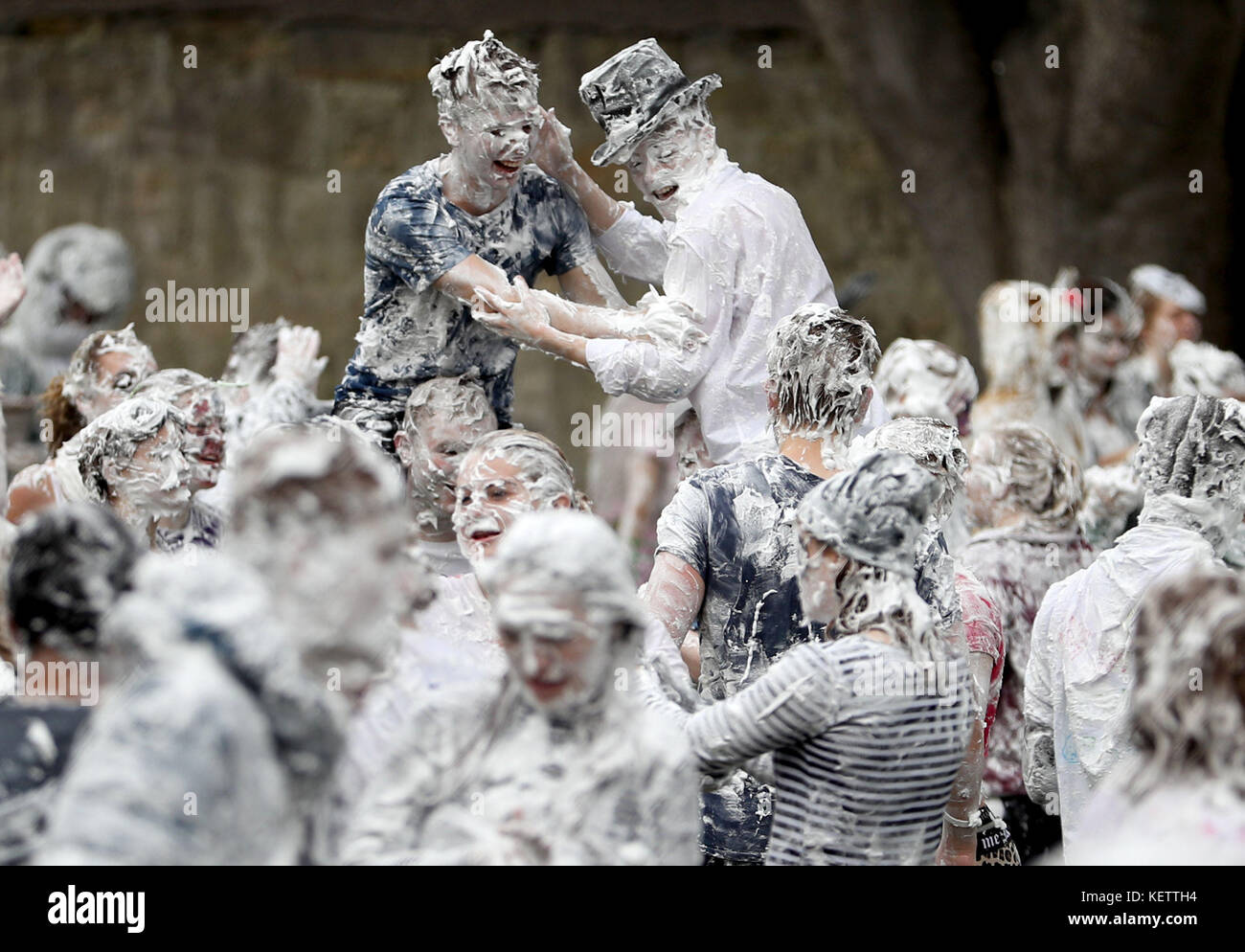 Students take part in a foam fight known as Raisin Monday on Lower