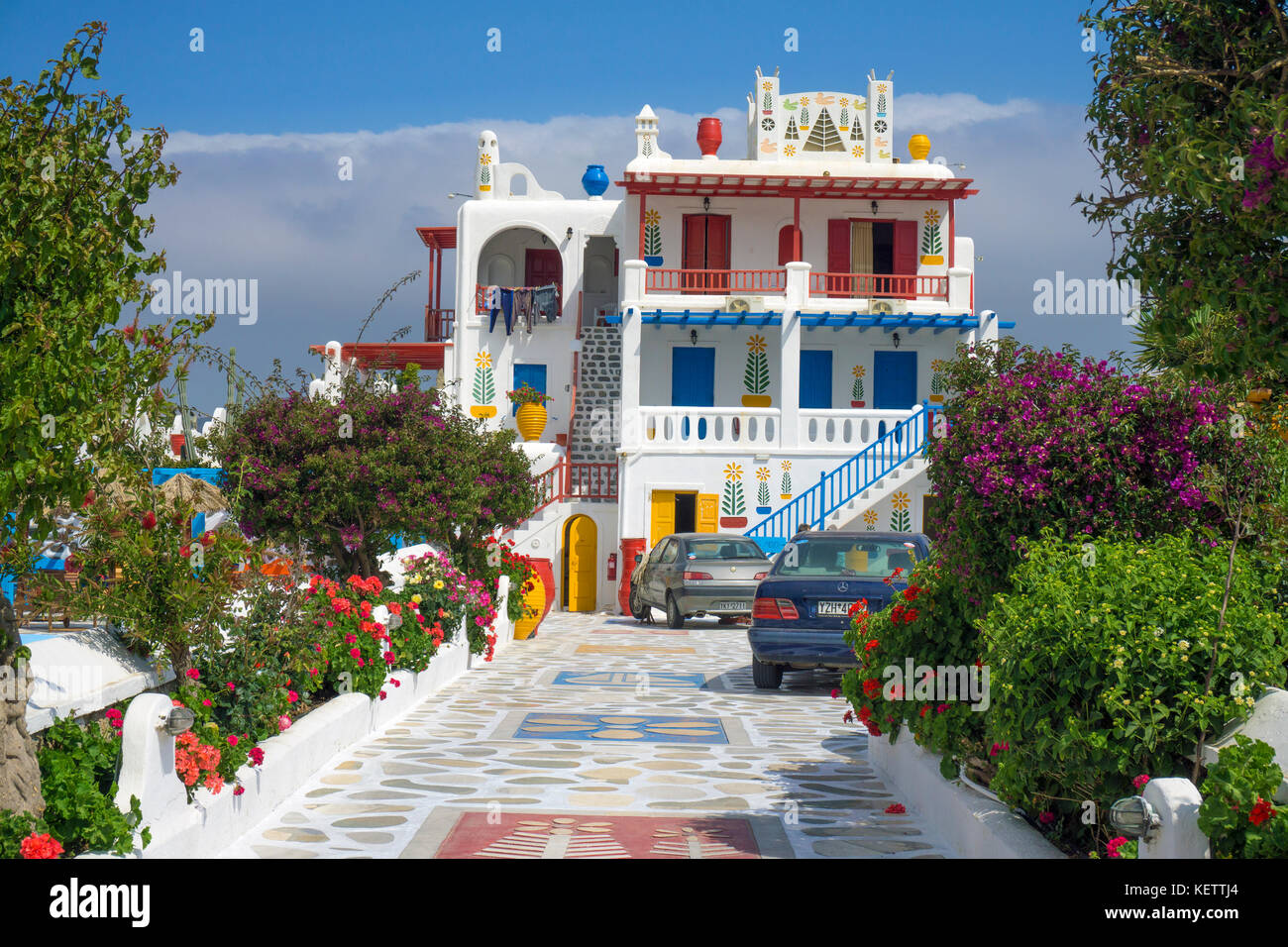 Small colourful design hotel at Ano Mera, Mykonos, Greece Stock Photo
