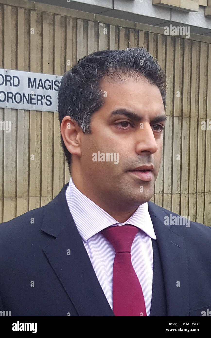 Defence solicitor Sajad Chaudhury outside Bradford Magistrates' Court as he appealed for witnesses to come forward following an incident where Gemma Procter is charged with the murder of 18-month-old Elliot Procter who fell from a sixth-floor window of a block of flats. Stock Photo