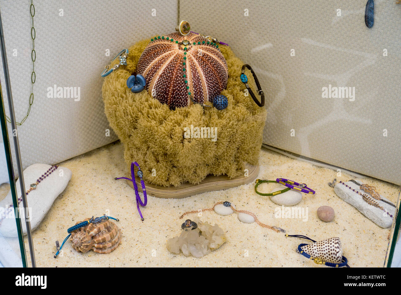 Jewellery and natural sponges, shop at mykonos-town, Mykonos, Aegean, Greece Stock Photo