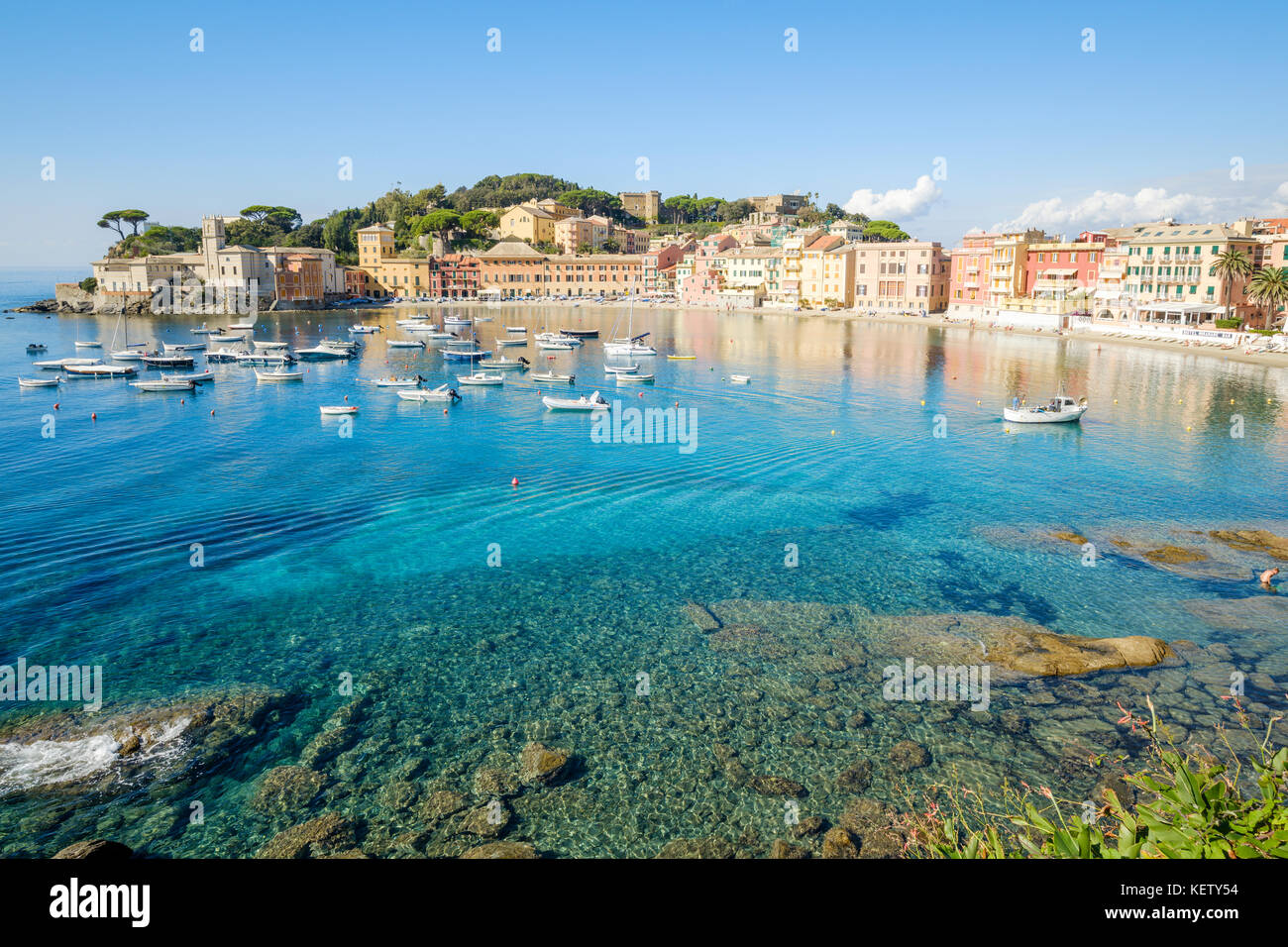 The Bay of Silence and view over the old town of Sestri Levante on the Italian Riviera, Liguria, Italy Stock Photo