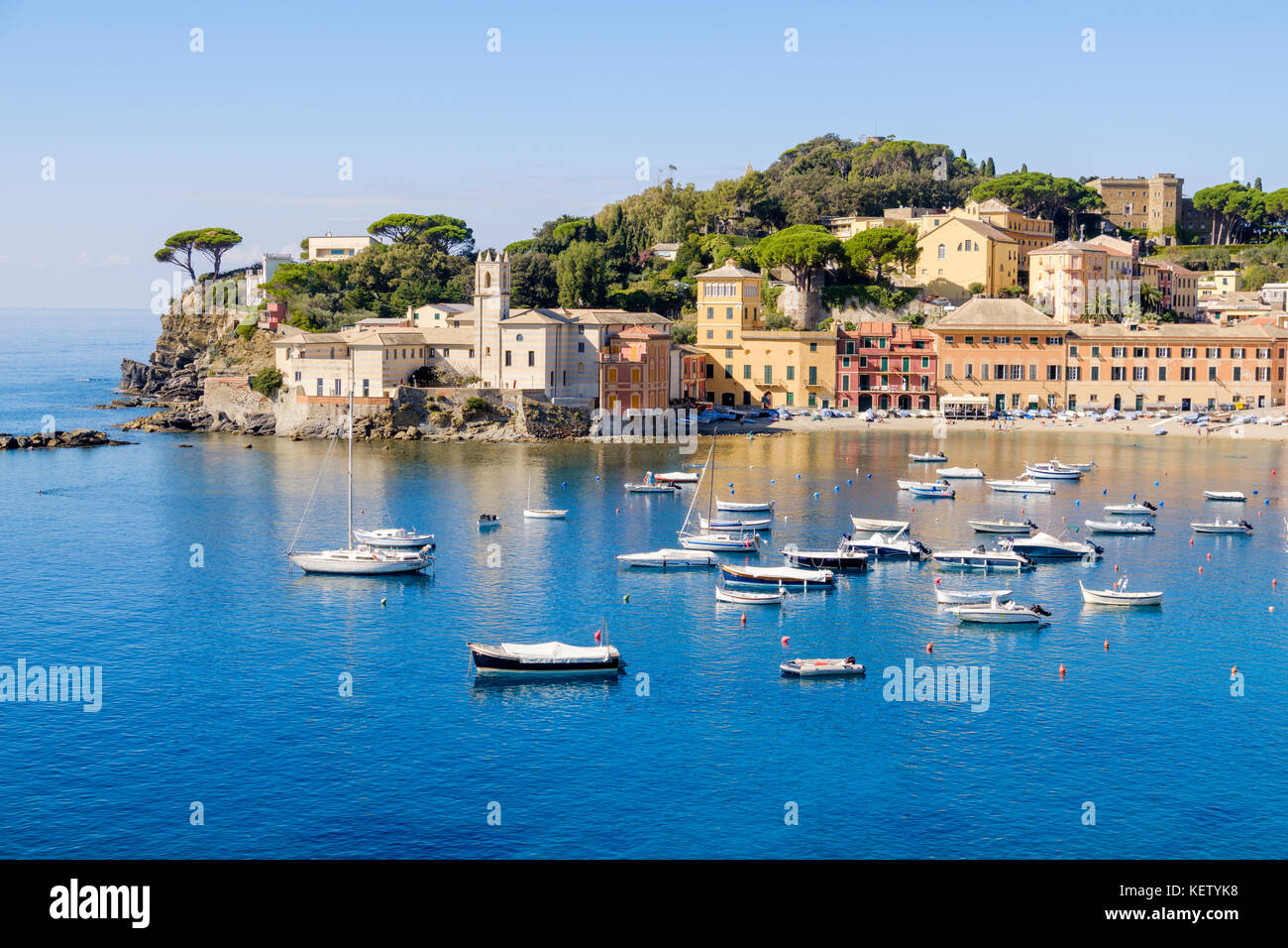 The Bay of Silence and view over the old town of Sestri Levante on the Italian Riviera, Liguria, Italy Stock Photo