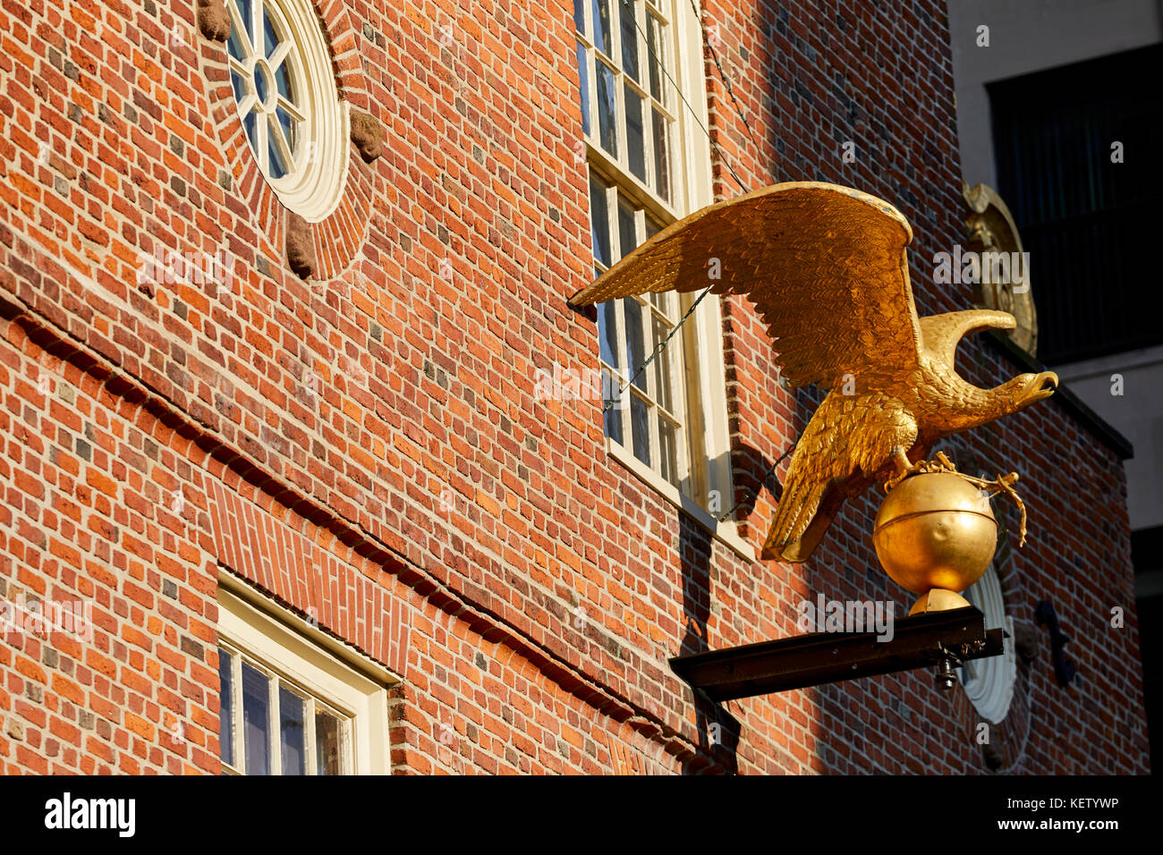 Boston Massachusetts New England North America USA, landmark Old State House, museum and subway station on State Street close up of gold eagle Stock Photo