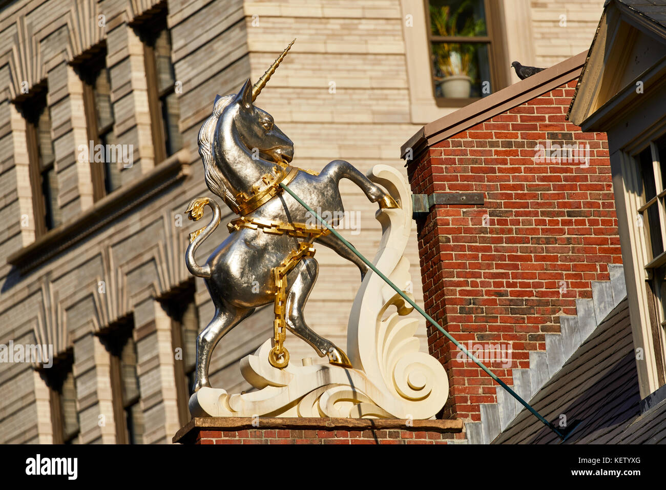 Boston Massachusetts New England North America USA, landmark Old State House, museum and subway station on State Street close up of unicorn Stock Photo