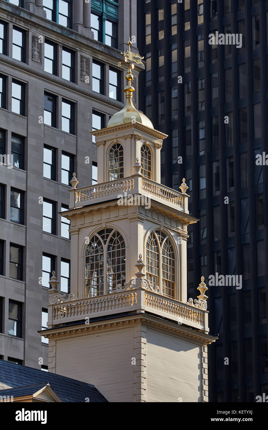 Boston Massachusetts New England North America USA, landmark Old State House, museum and subway station on State Street close up of tower Stock Photo