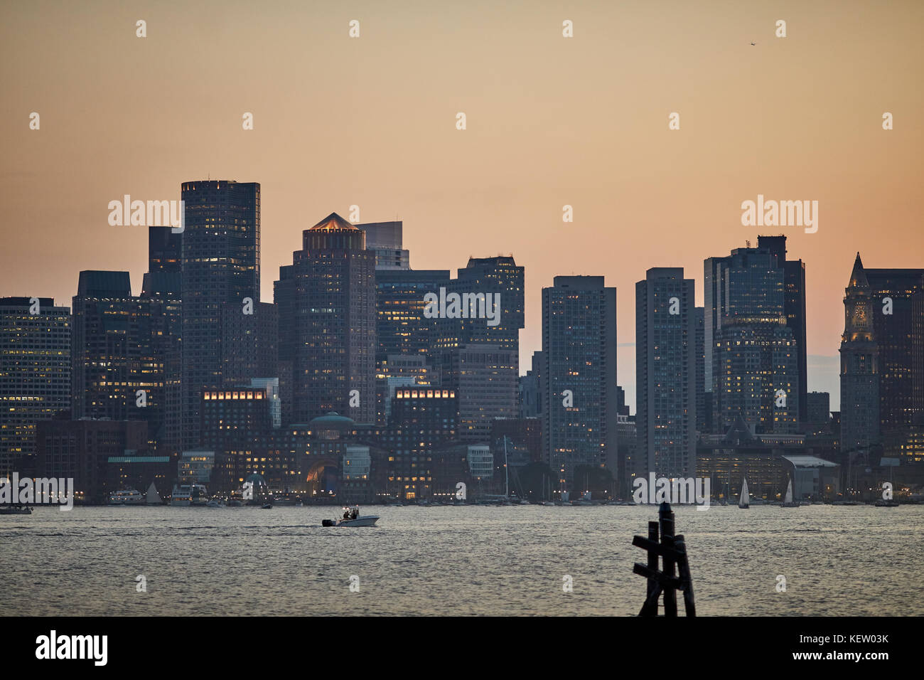 Boston Massachusetts New England North America USA, sunset over the skyline and harbour bay area Stock Photo