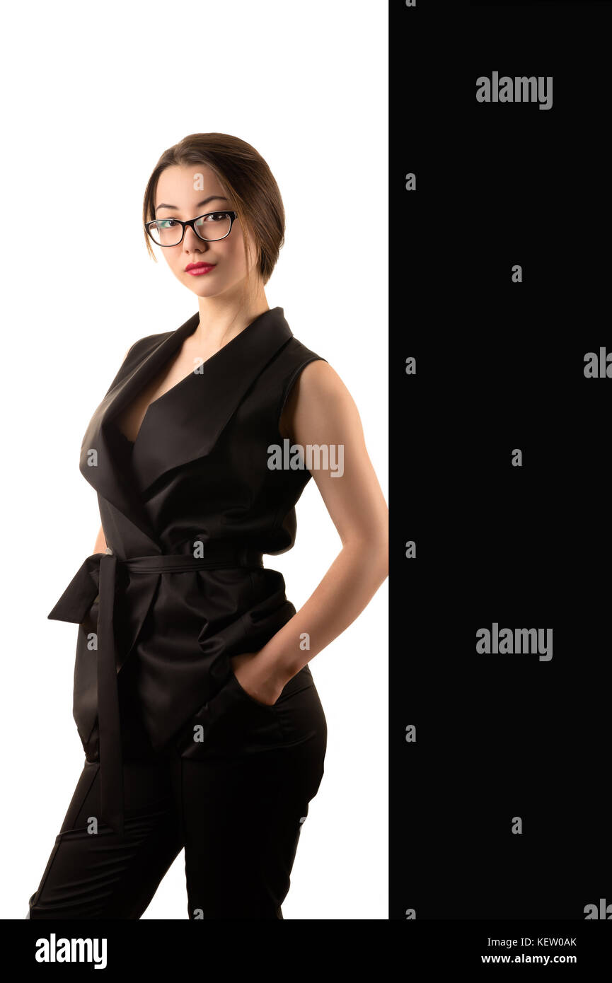 elegant beautiful business woman in black suit Stock Photo - Alamy