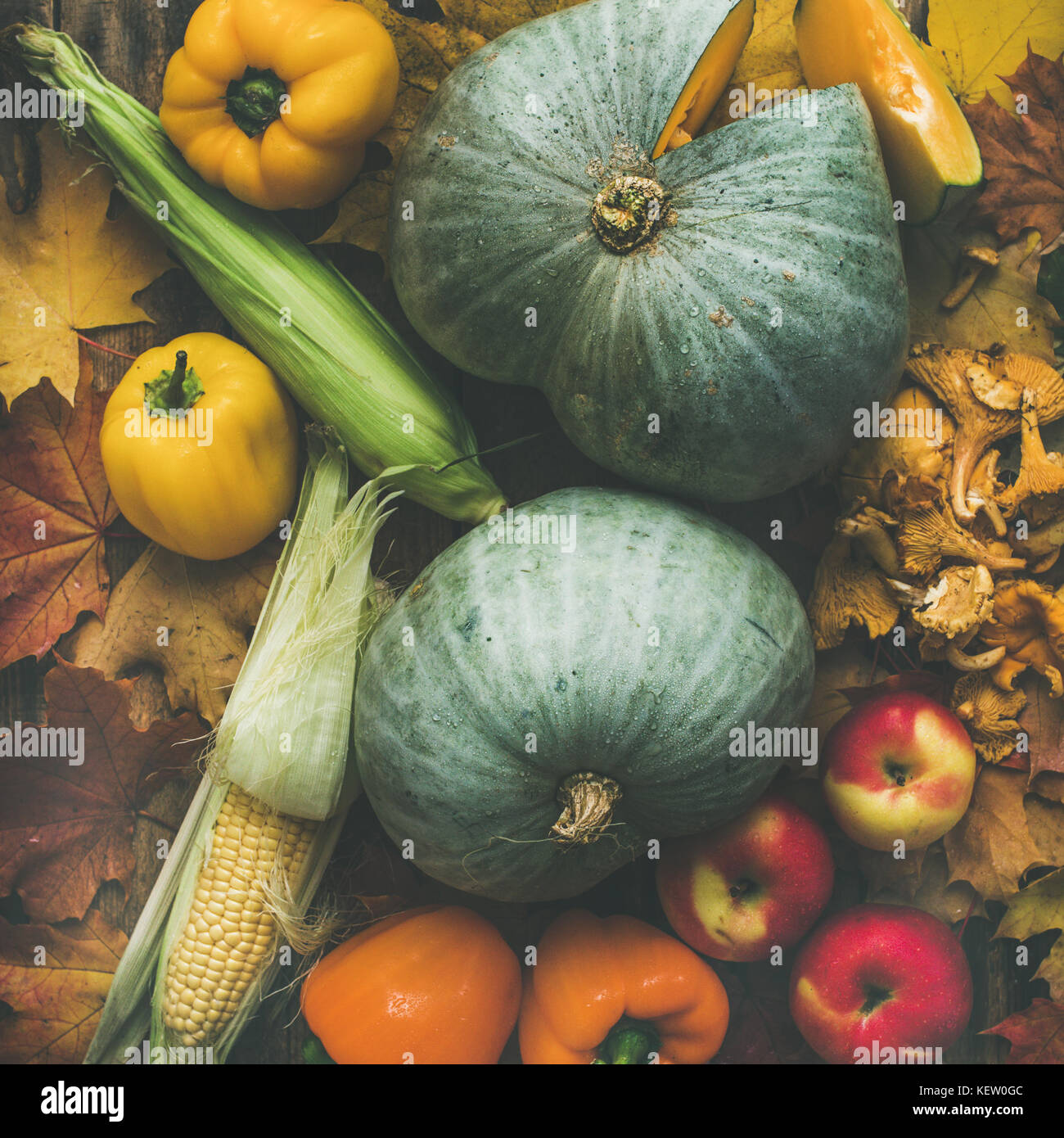 Fall colorful vegetables assortment over wooden table background ...