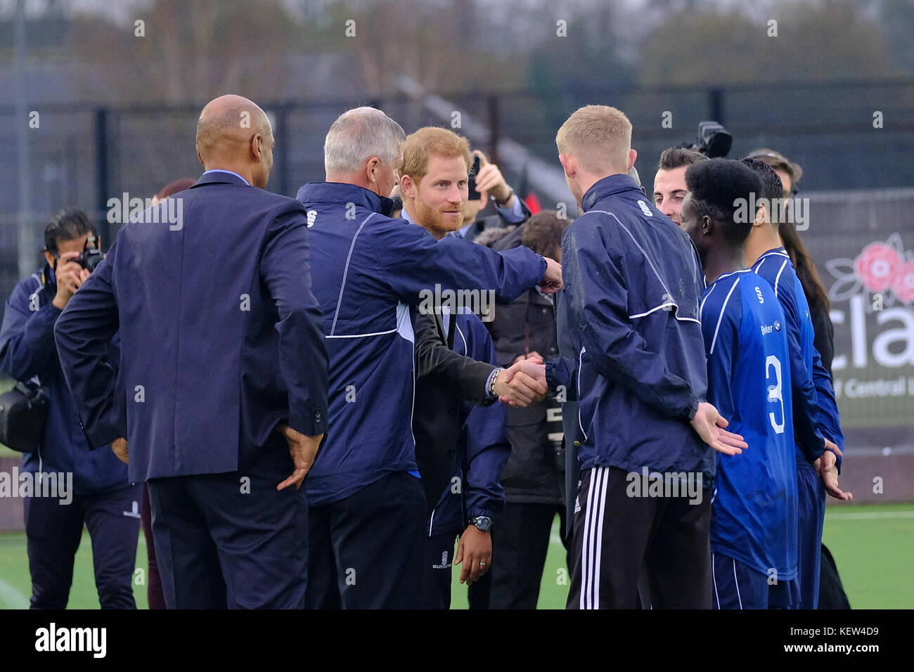Preston, UK. 23rd Oct, 2017. Prince Harry visited the University of Central Lancashire's (UCLan) Sports Arena where he saw the Sir Tom Finney Soccer Development Centre and the Lancashire Bombers Wheelchair Basketball Club - two community organisations using the power of sport as a means for social development and inclusion. During the visit, His Royal Highness will meet a diverse group of people of all ages and abilities who participate in training sessions and local leagues together, with a view to building new and unique friendships. Credit: Paul Melling/Alamy Live News Stock Photo
