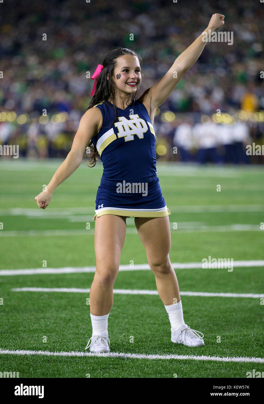 October 21, 2017: Notre Dame cheerleader performs during NCAA football game action between the USC Trojans and the Notre Dame Fighting Irish at Notre Dame Stadium in South Bend, Indiana. Notre Dame defeated USC 49-14. John Mersits/CSM. Stock Photo