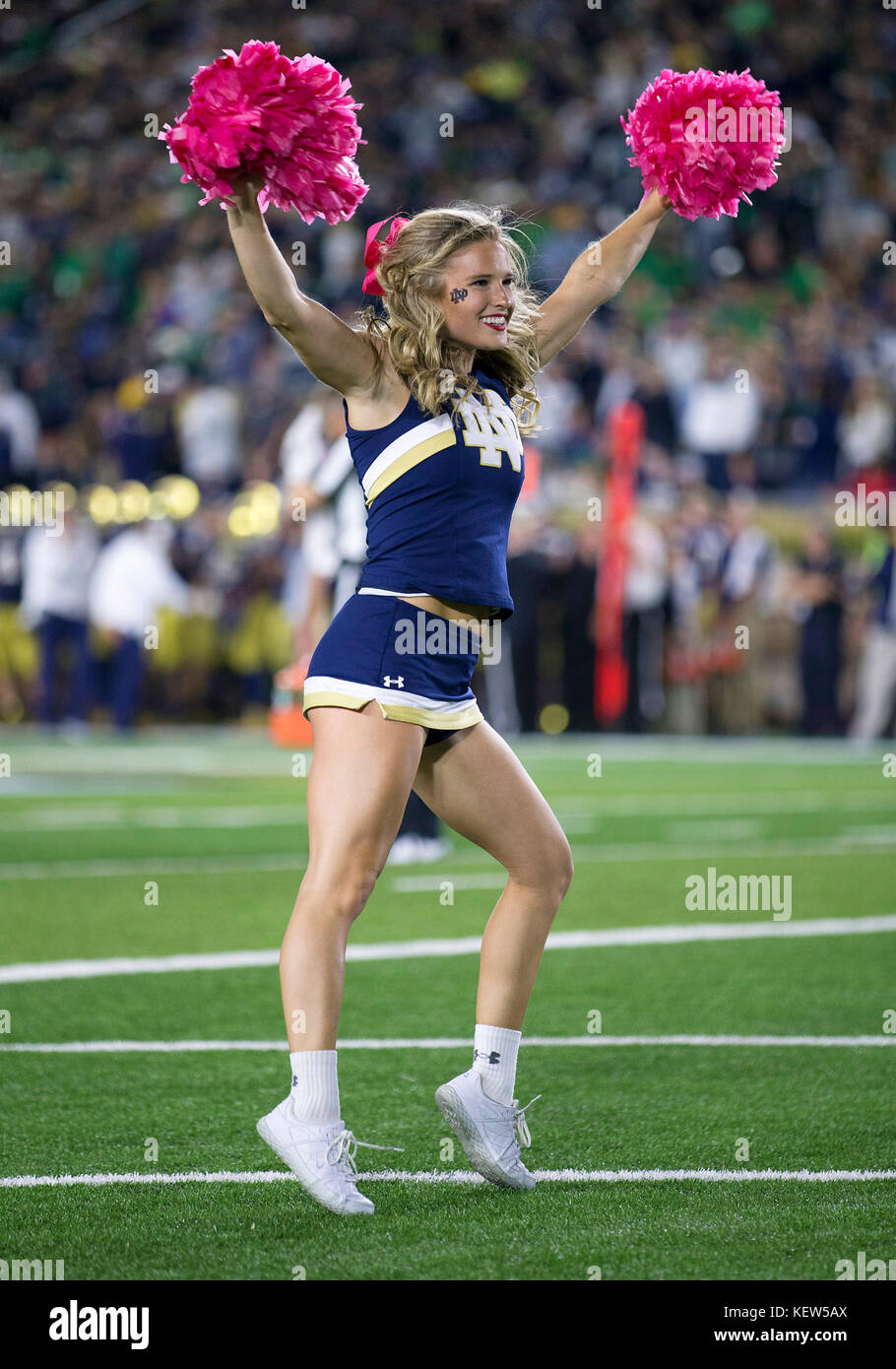 South Bend, Indiana, USA. 21st Oct, 2017. Notre Dame cheerleader performs during NCAA football game action between the USC Trojans and the Notre Dame Fighting Irish at Notre Dame Stadium in South Bend, Indiana. Notre Dame defeated USC 49-14. John Mersits/CSM/Alamy Live News Stock Photo
