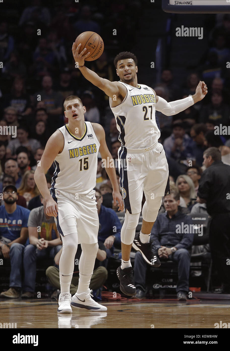 Denver, Colorado, USA. 23rd Oct, 2017. Nuggets JAMAL MURRAY, right, grabs a rebound during the 1st. Half at the Pepsi Center Monday night. The Nuggets lose to the Wizards 109-104 Credit: Hector Acevedo/ZUMA Wire/Alamy Live News Stock Photo