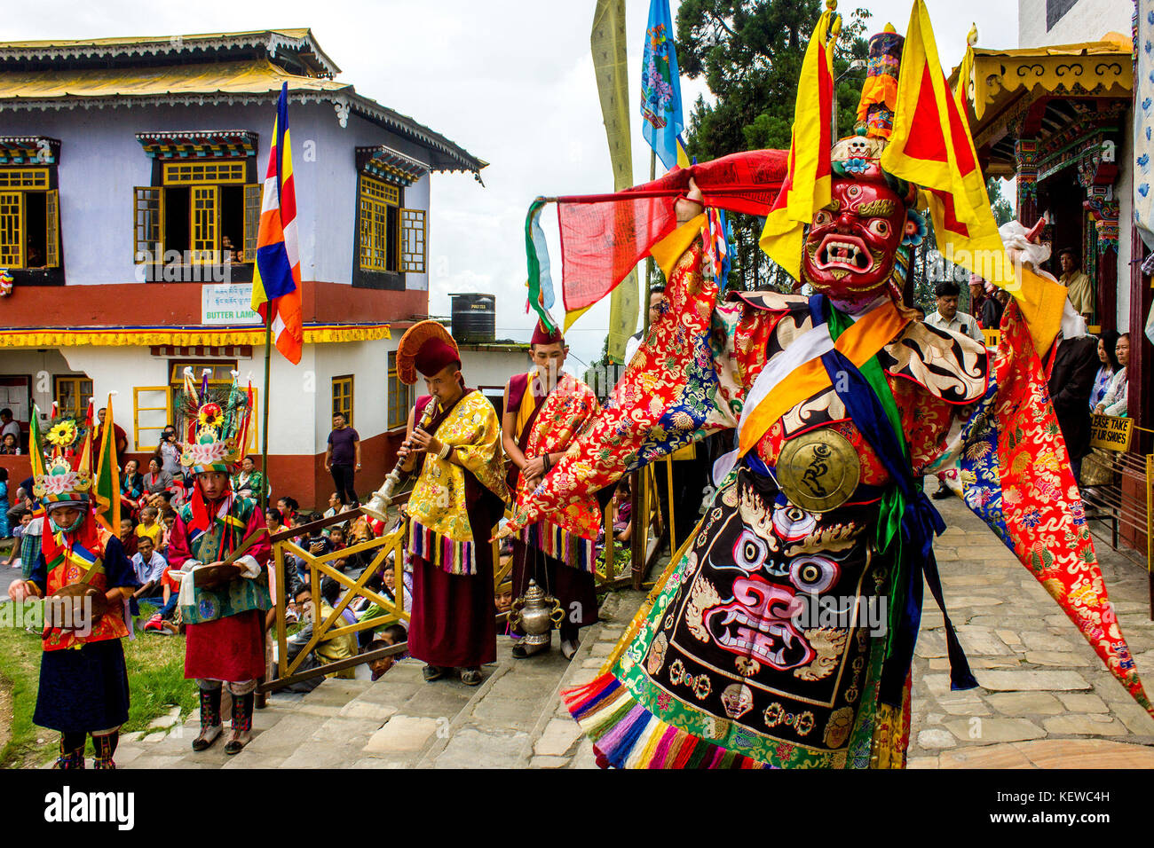 August 29, 2015 - Friendship, harmony, a lofty mountain and a wrathful deity ''” these are the four things that Pang Lhabsol, an annual festival in Sikkim, is about. The peaceful hill-state was once torn apart by strife and enmity between the Lepchas and the Bhutias (of Tibetan origin). Locals believe that Pang Lhabsol was first celebrated sometime in the 13th century to mark the beginning of peaceful relations between the warring groups. Lepcha chief Thekongtek and Tibetan crown prince Khya Bumsa erected nine slabs at Kabilunchok (near Gangtok, the current capital), tied animal intestines aro Stock Photo
