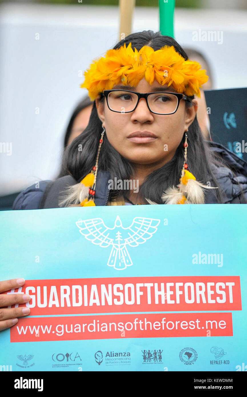 London, UK.  24 October 2017.  Indigenous people from South America and Asia take part in a demonstration in Parliament Square as part of the Guardians of the Forest campaign.  They call for land rights, access to climate finance and inclusion of ancestral knowledge in climate strategies ahead of climate talks taking place in Bonn, Germany in November. Credit: Stephen Chung / Alamy Live News Stock Photo