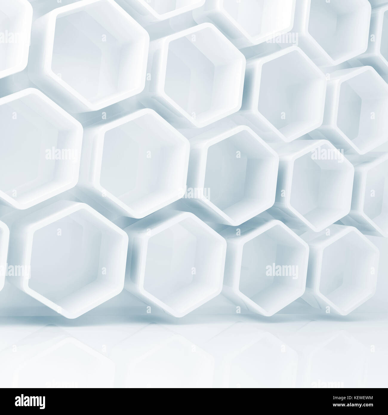 Abstract white interior with hexagonal structures on the wall, 3d ...