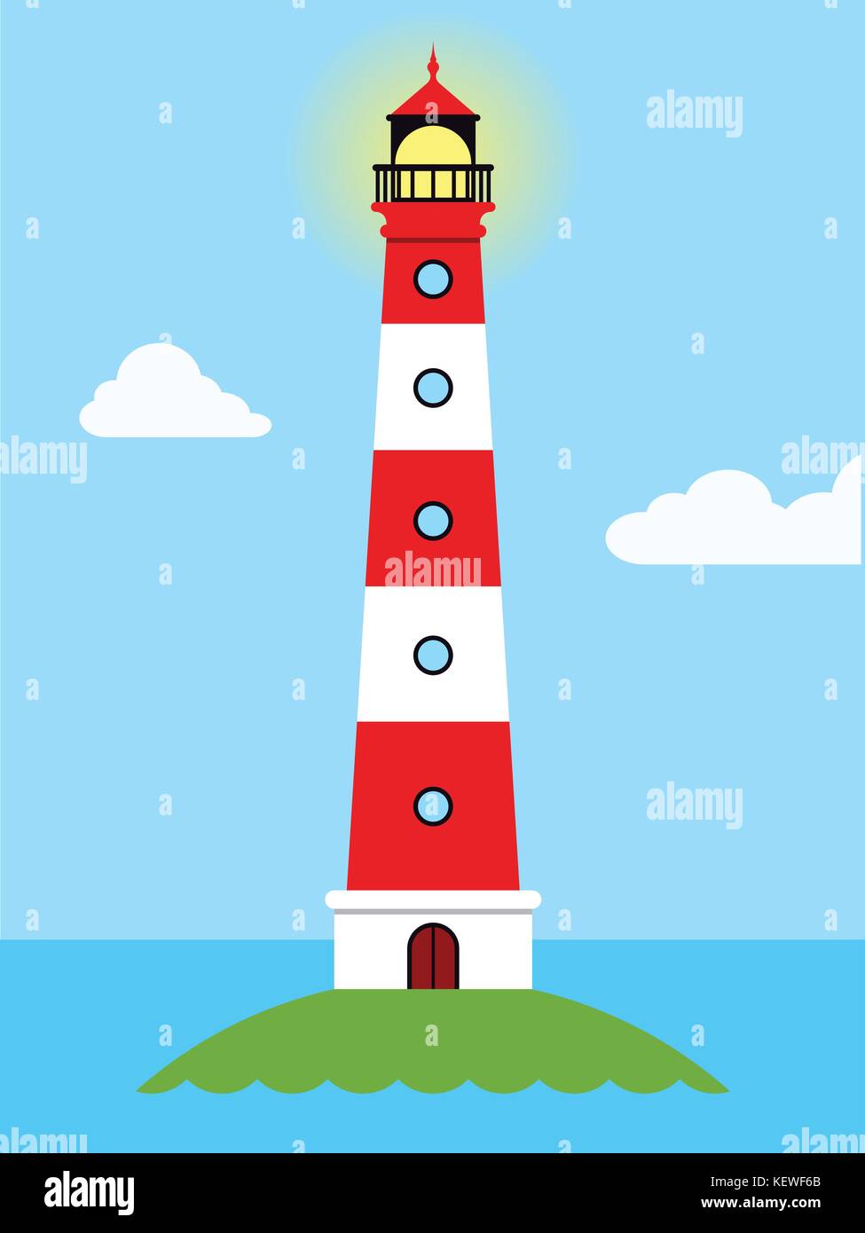 Seascapes. Vector illustration. Lighthouse, rock, house, sea shore, tree. Flat style illustration on sea theme. Stock Vector
