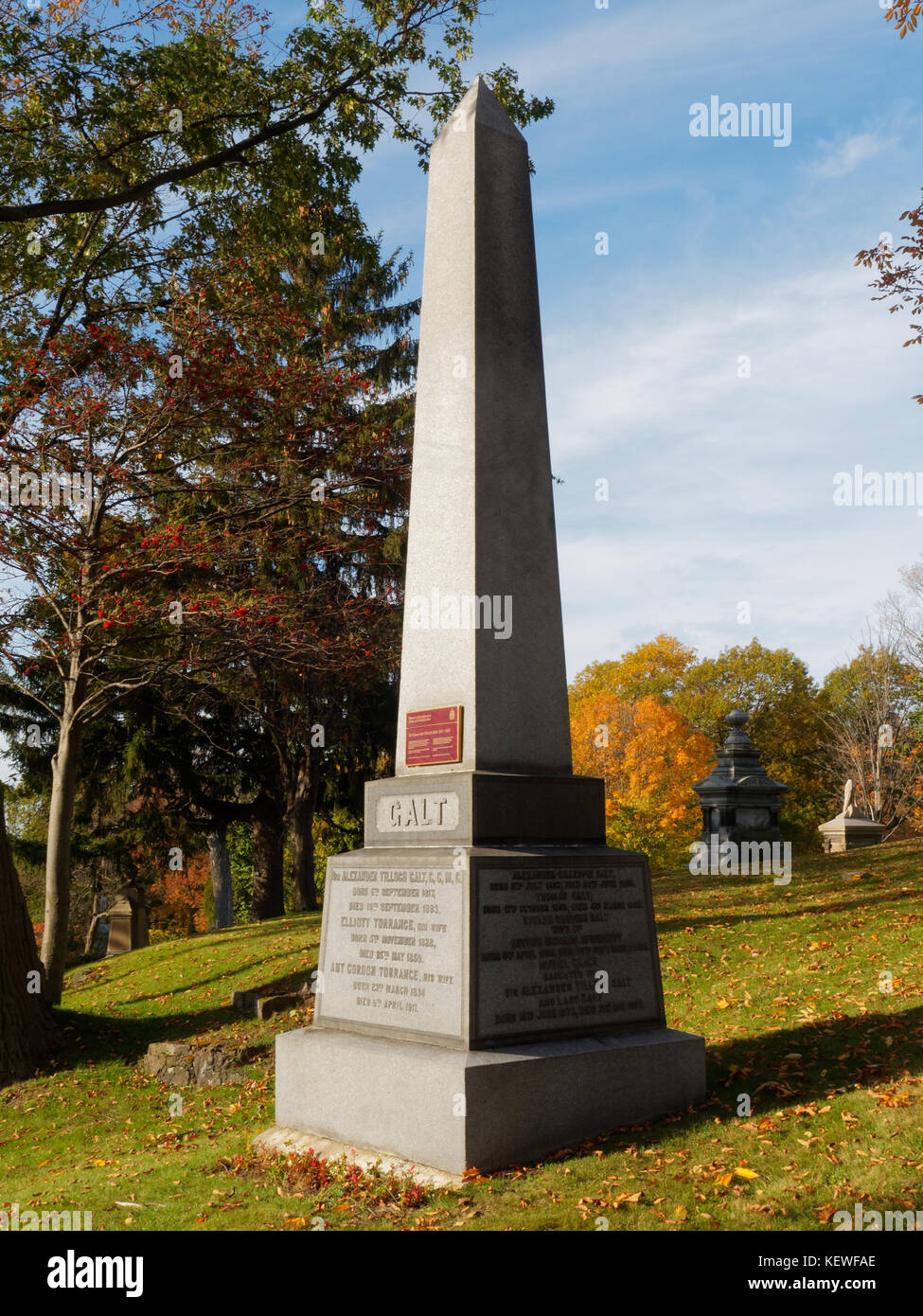 Tombstone of Sir Alexander Galt at the Mount Royal cemetery in Montreal,Quebec Stock Photo