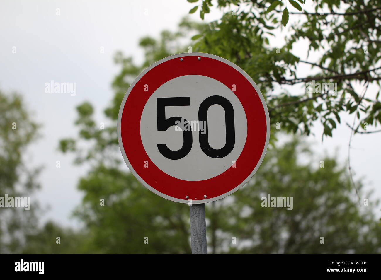 Round speed limit road sign on the road. 50 km per hour Stock Photo - Alamy