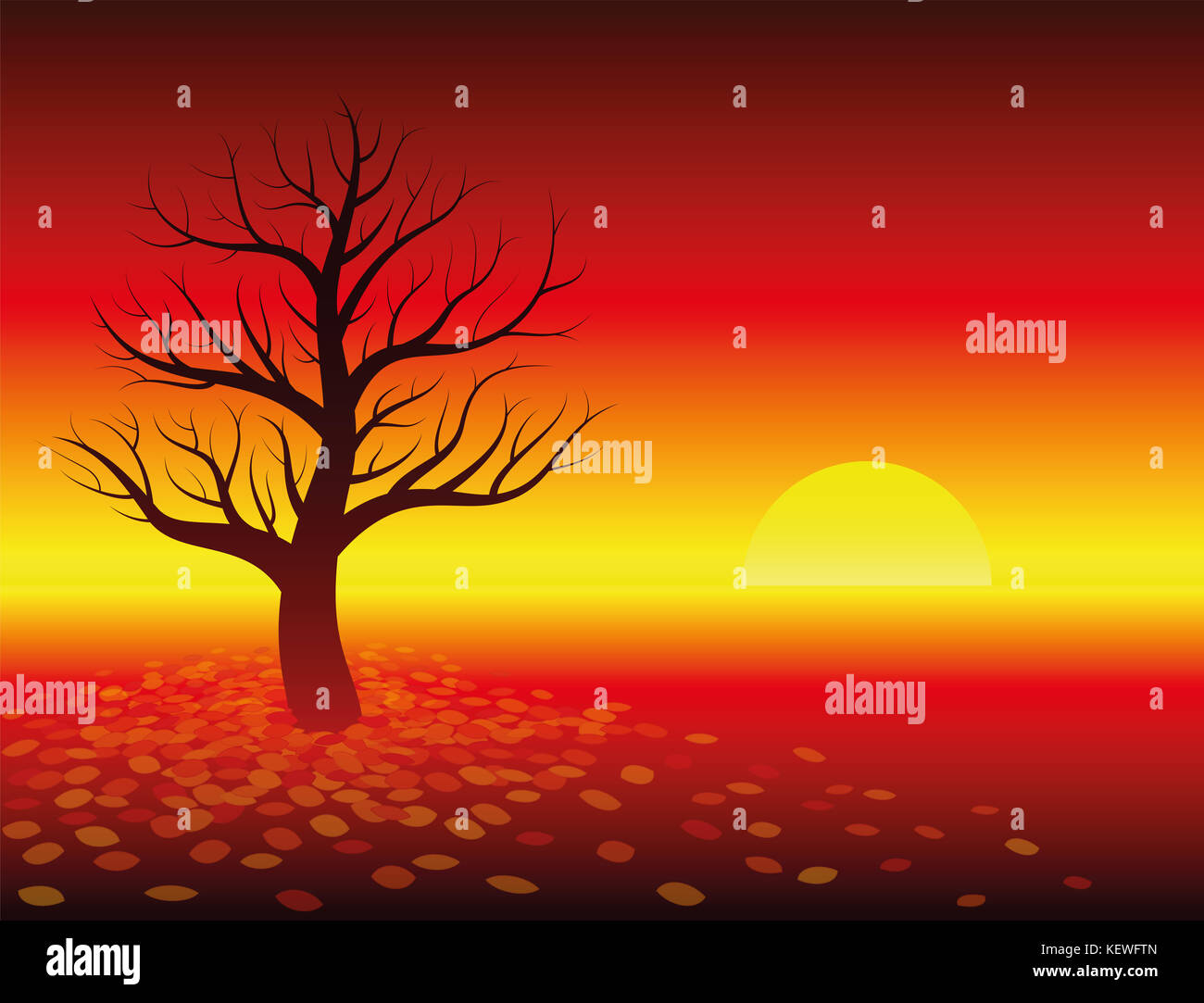 Autumn atmosphere - sunset in glowing red landscape with leafless tree. Illustration on warm red gradient background. Stock Photo