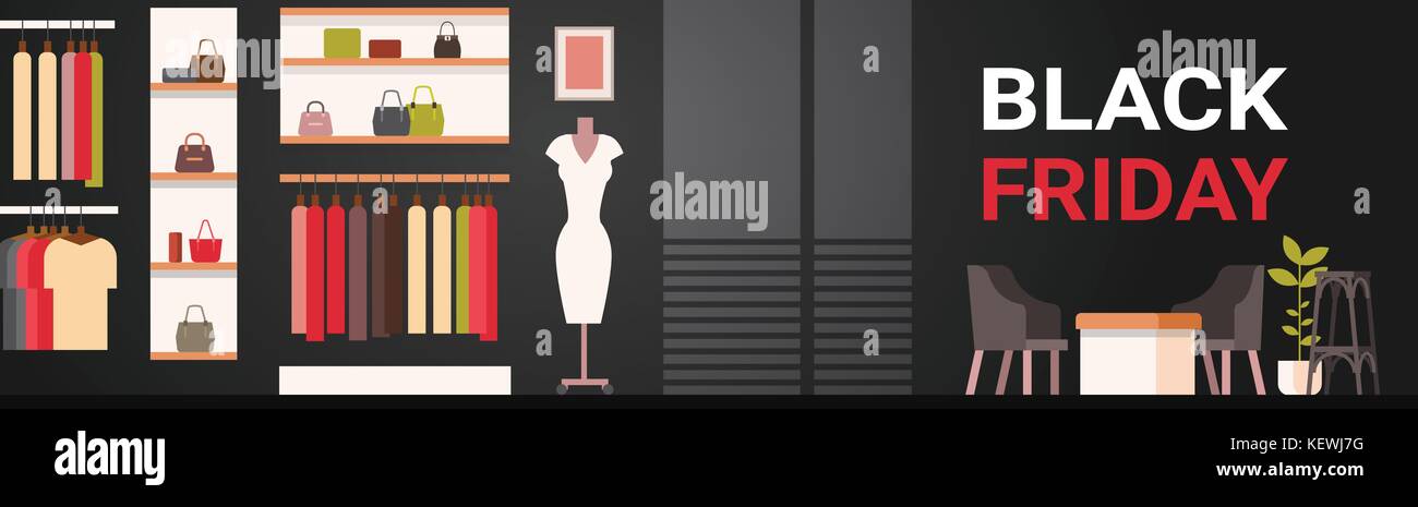 Black Friday Sale Poster With Fashion Clothes Shop Interior On