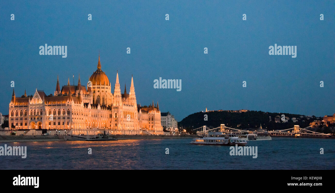 Horizontal panoramic of the Parliament Building in Budapest. Stock Photo