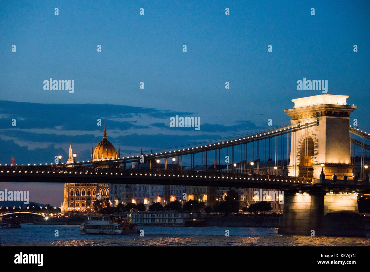 Horizontal view of the Chain Bridge and Hungarian Houses of Parliament in Budapest. Stock Photo