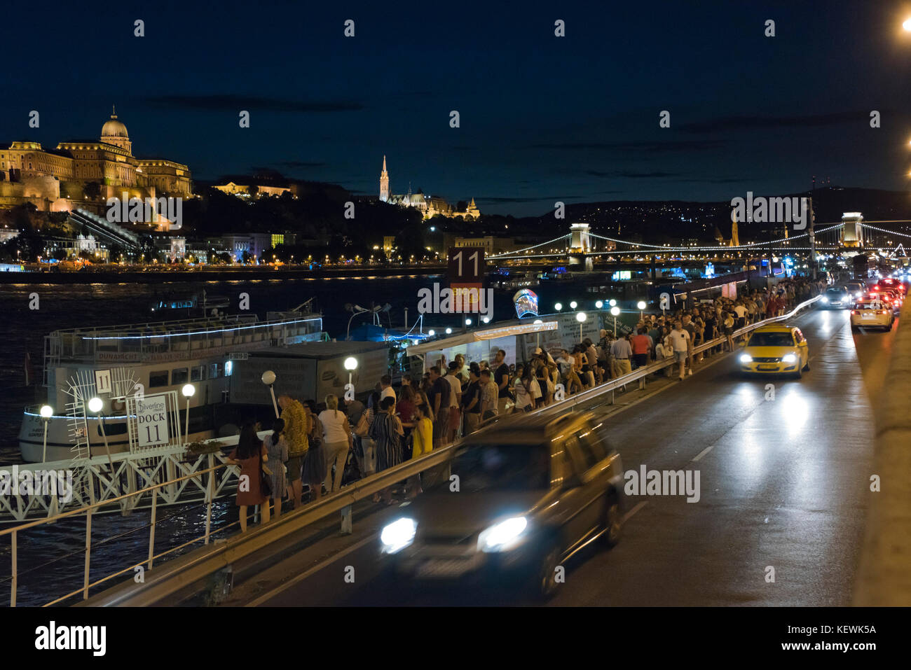 Horizontal view of the riverfront in Budapest at night. Stock Photo