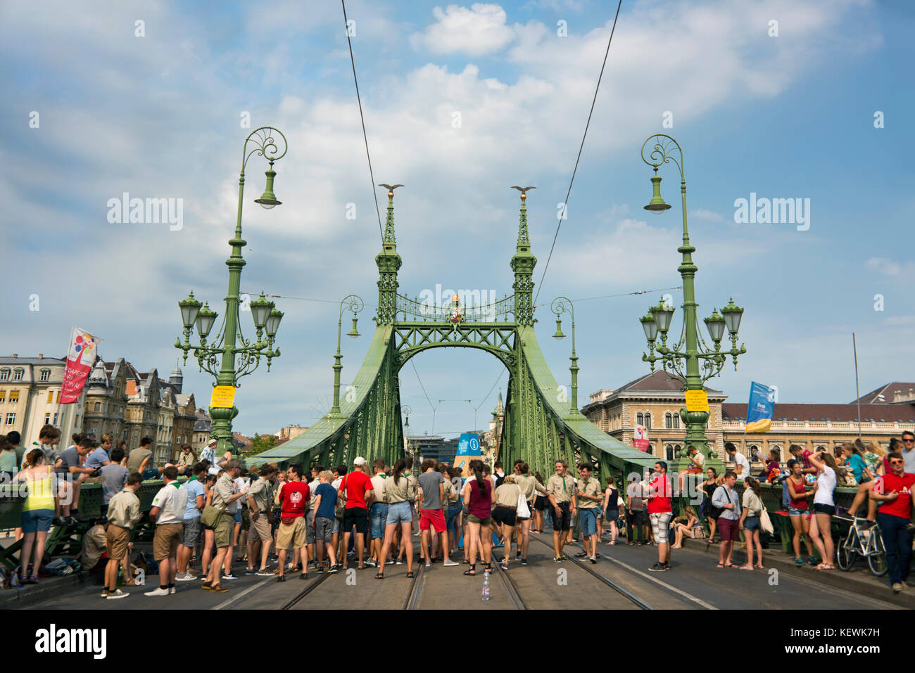 Horizontal view of Szabadság híd or Liberty Bridge closed to traffic in Budapest. Stock Photo