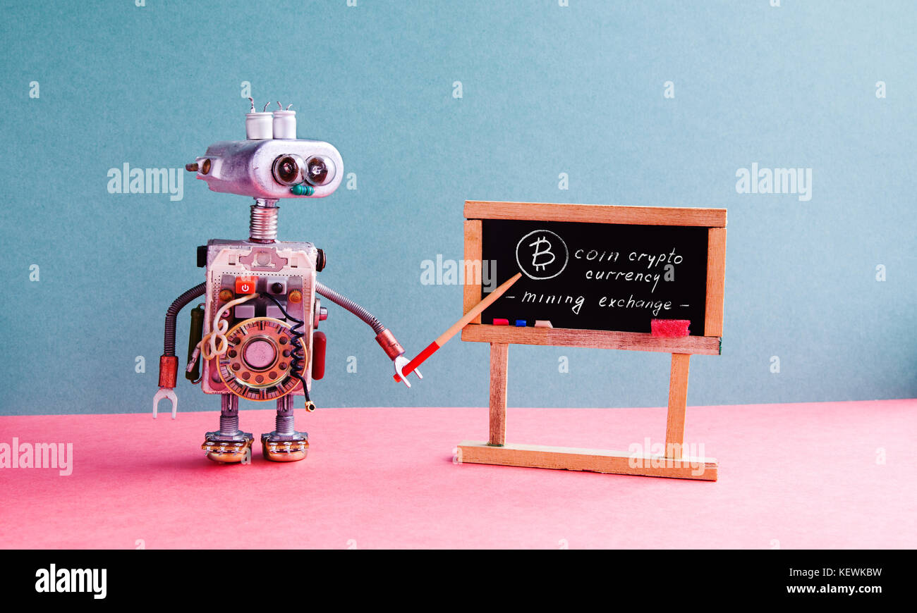 Bitcoin cryptocurrency digital money concept. Robot professor explains  electronic mining cash financial system. Classroom interior with  handwritten quote chalkboard. Green pink colorful background Stock Photo -  Alamy