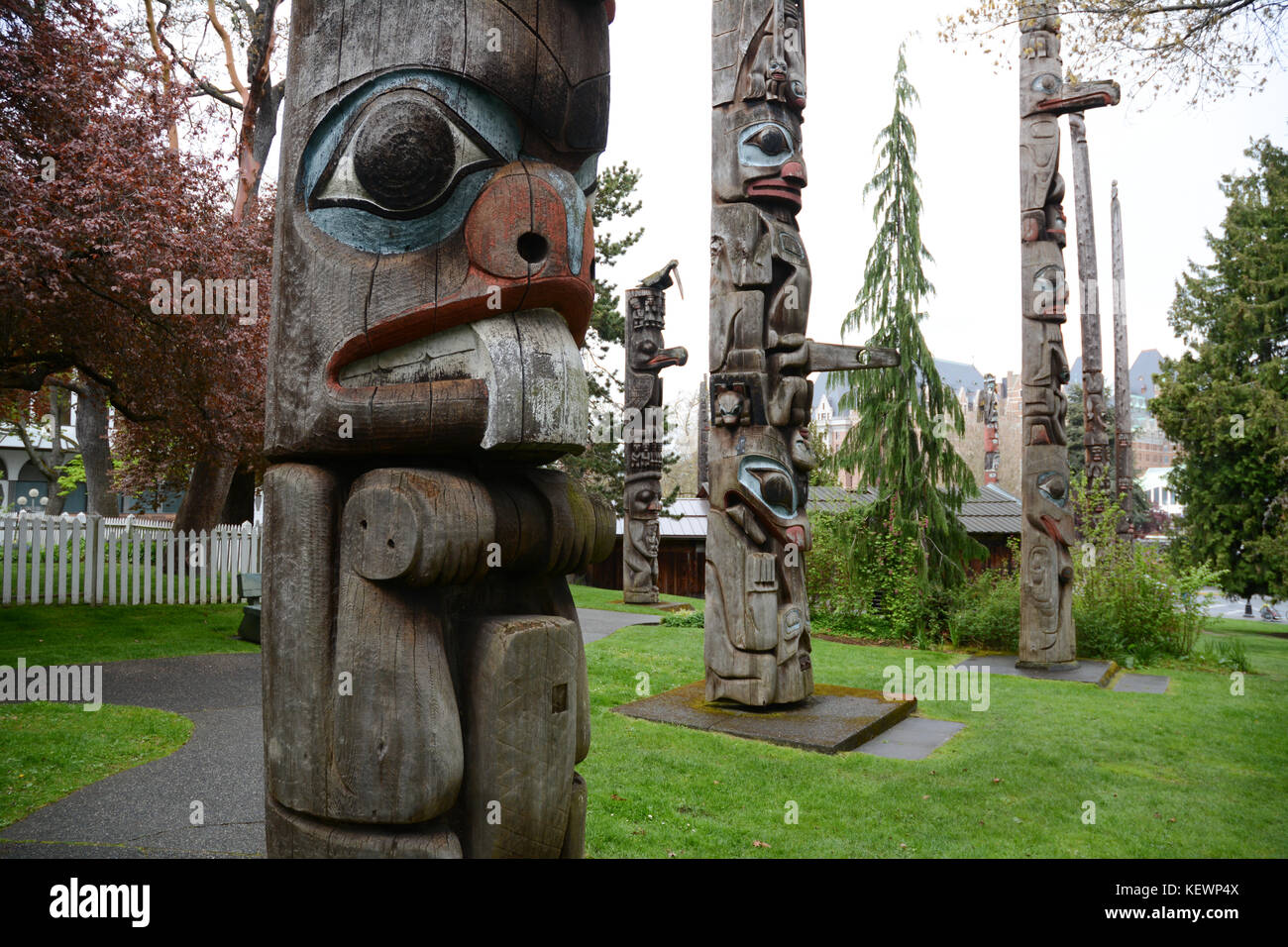 Traditional Northwest indigenous totem poles on display on the grounds of the Royal BC Museum, Victoria, British Columbia, Canada. Stock Photo