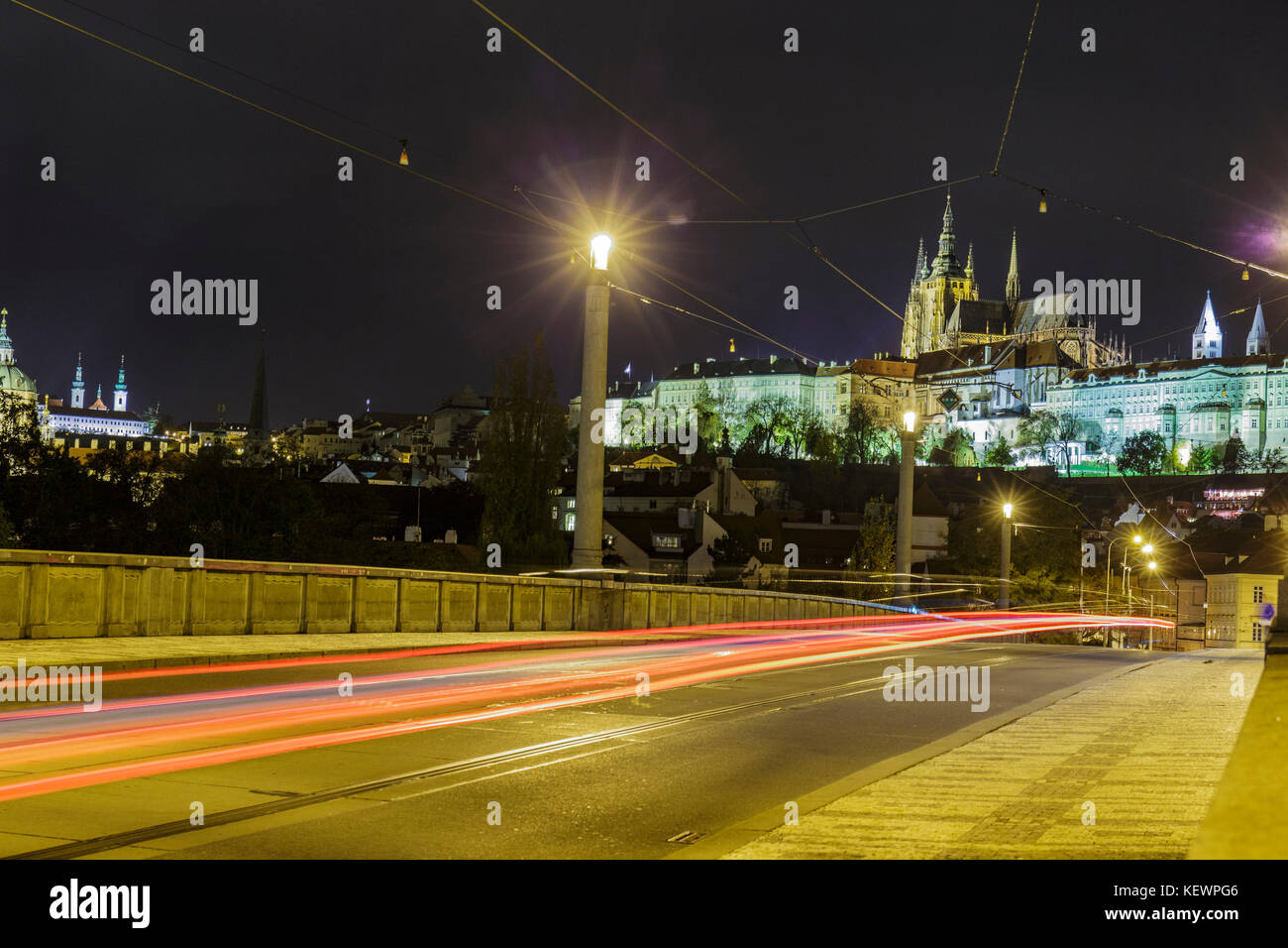 Prague Castle and Mala Strana district across Vltava river at night Stock Photo