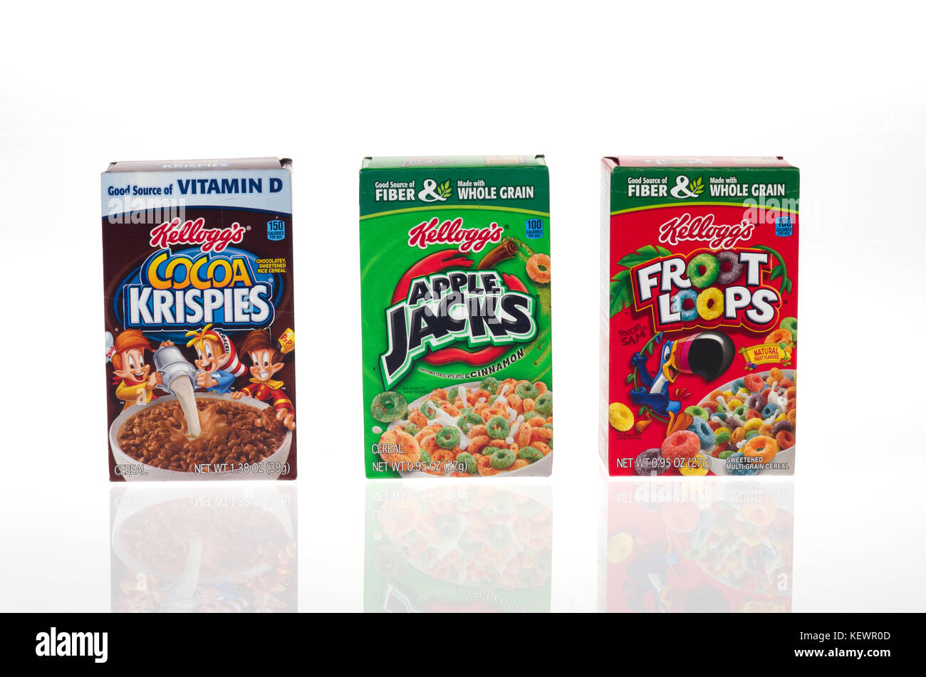 Unopened boxes of Kellogg’s Cocoa Krispies, Apple Jacks and Froot Loops
